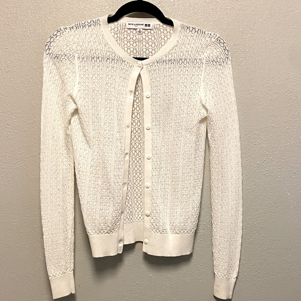 Ines De La Fresdage White Button Down Cardigan Sweater 3564